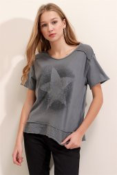 Kadın Gri Yıkamalı Yıldız Baskılı File Detaylı T-Shirt - 2