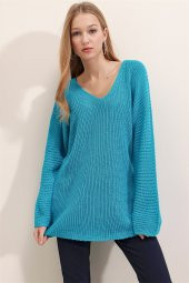 Kadın Turkuaz Yarasa Kol V Yaka Kazak thumbnail 1