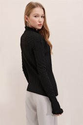 Kadın Siyah Ajurlu Boğazlı Kol Detaylı Kazak - 5
