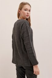 Kadın Antrasit V Yaka Pirinç Örgü Cepli Kazak - 3