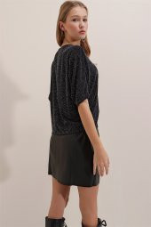 Kadın Siyah Simli Kayık Yaka Kazak - 4