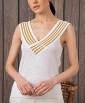 Kadın Beyaz Yakası Çizgili Kolsuz Bluz - 1