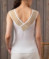 Kadın Beyaz Yakası Çizgili Kolsuz Bluz - 3