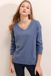 Kadın İndigo V Yaka Mevsimlik Kazak - 1
