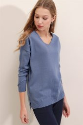 Kadın İndigo V Yaka Mevsimlik Kazak - 3
