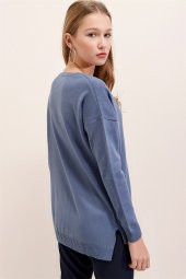 Kadın İndigo V Yaka Mevsimlik Kazak - 4