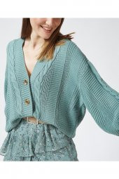 Kadın Örgülü Balon Kollu Salaş Cağla Yeşili Triko Hırka - 1