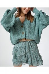 Kadın Örgülü Balon Kollu Salaş Cağla Yeşili Triko Hırka - 2