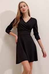 Kruvaze Yaka Uzun Kollu Siyah Elbise - 1