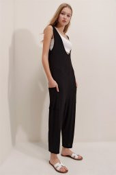 Kadın Siyah U Yaka Askılı Tulum - 4