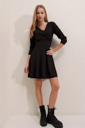 Kruvaze Yaka Uzun Kollu Siyah Elbise - 2