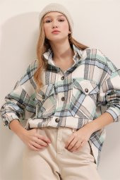 Kadın Mint Ekoseli Cepli Gömlek - 1
