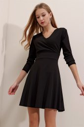 Kruvaze Yaka Uzun Kollu Siyah Elbise - 3