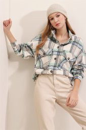 Kadın Mint Ekoseli Cepli Gömlek - 2