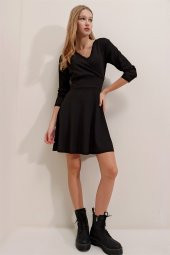 Kruvaze Yaka Uzun Kollu Siyah Elbise - 4