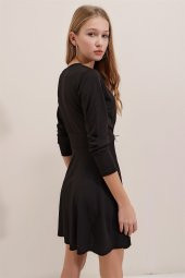 Kruvaze Yaka Uzun Kollu Siyah Elbise - 5