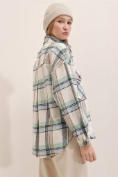 Kadın Mint Ekoseli Cepli Gömlek - 4