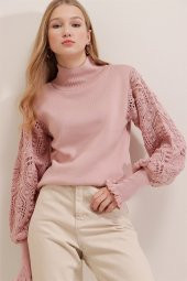 Kadın Pudra Yarım Balıkçı Kolu Dantel Detaylı Kazak - 2