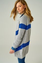 Kadın Çizgili Örme Gri & Saks Hırka - 2