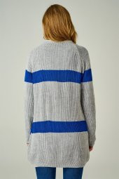 Kadın Çizgili Örme Gri & Saks Hırka - 3