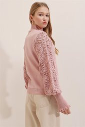 Kadın Pudra Yarım Balıkçı Kolu Dantel Detaylı Kazak - 5