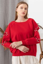 Kadın Kırmızı Kolu Kesik Inci Detaylı Sweatshirt - 1