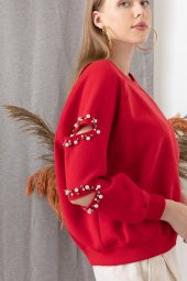 Kadın Kırmızı Kolu Kesik Inci Detaylı Sweatshirt - 2