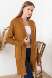 Kadın Camel Şerit Bantlı Geniş Manşet Önü Açık Hırka - 1