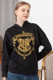 Kadın Siyah Hogvarts Baskılı Kapüşonlu Sweatshirt - 1