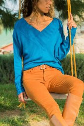 Kadın V Yaka İndigo Kazak - 1