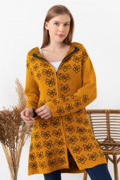 Kadın Hardal Çiçek Desenli Kapüşonlu Hırka - 2