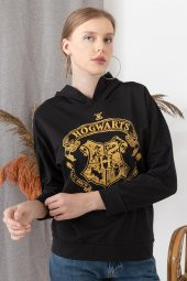 Kadın Siyah Hogvarts Baskılı Kapüşonlu Sweatshirt - 2