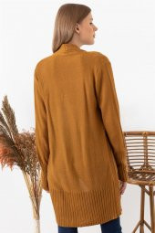 Kadın Camel Şerit Bantlı Geniş Manşet Önü Açık Hırka - 3