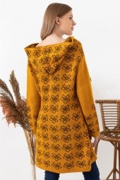 Kadın Hardal Çiçek Desenli Kapüşonlu Hırka - 4