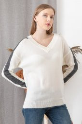 Kadın Beyaz Bisiklet Yaka Kolu Şerit Detaylı Kazak - 2