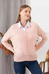 Kadın Pudra Yandan Düğme Detaylı Gömlek Yaka Kazak - 1