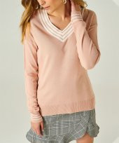 Kadın Pudra V Yaka Şeritli Kazak thumbnail 1