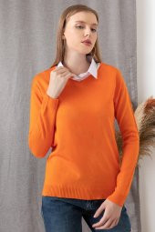 Kadın Turuncu Gömlek Yaka Kazak - 3