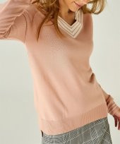 Kadın Pudra V Yaka Şeritli Kazak thumbnail 2