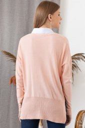 Kadın Pudra Yandan Düğme Detaylı Gömlek Yaka Kazak - 4