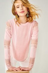 Kadın Kolu Ajurlu Mevsimlik Triko Bluz PUDRA - 1