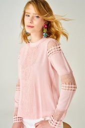 Kadın Kolu Ajurlu Mevsimlik Triko Bluz PUDRA - 3