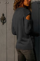 Kadın Omzu Açık Örme Siyah Kazak - 2