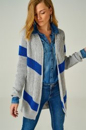 Kadın Çizgili Örme Gri & Saks Hırka - 1