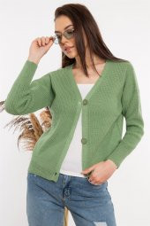 Kadın V Yaka Örme Su Yeşili Hırka - 1