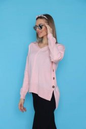 Kadın Yandan Düğmeli V Yaka Pudra Kazak - 2