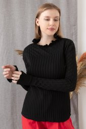 Kadın Siyah Boğaz Detaylı Desenlii Kazak - 2