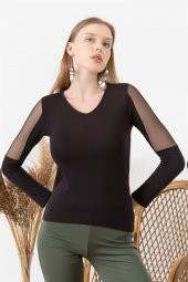 Kadın Kolu Tüllü Yuvarlak Yaka Bluz - 1