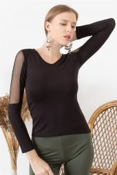 Kadın Kolu Tüllü Yuvarlak Yaka Bluz - 2