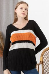 Kadın Siyah V Yaka Bloklu Kazak thumbnail 1